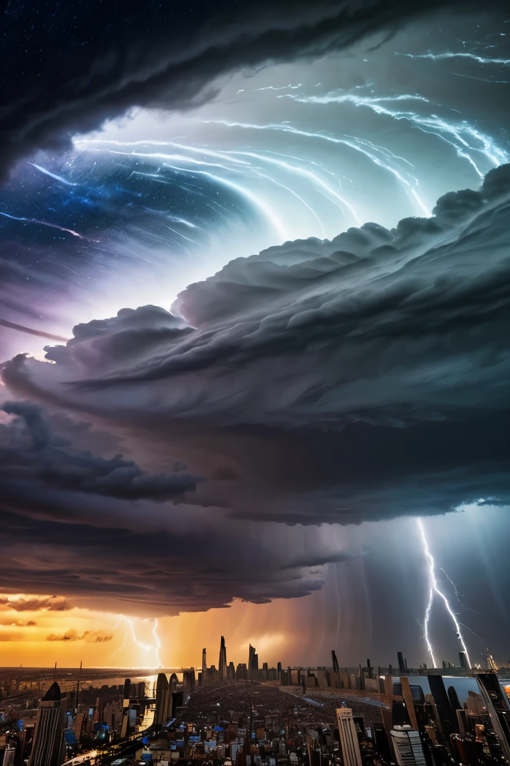 A breakdown of global weather patterns allows chaos theory to manifest in reality. Tidal waves and a mega tornado hit the New York skyline. Complex mathematics compute and display the intricate and highly detailed scenario. Storm lighting and biblical clouds add to the impending Armageddon.