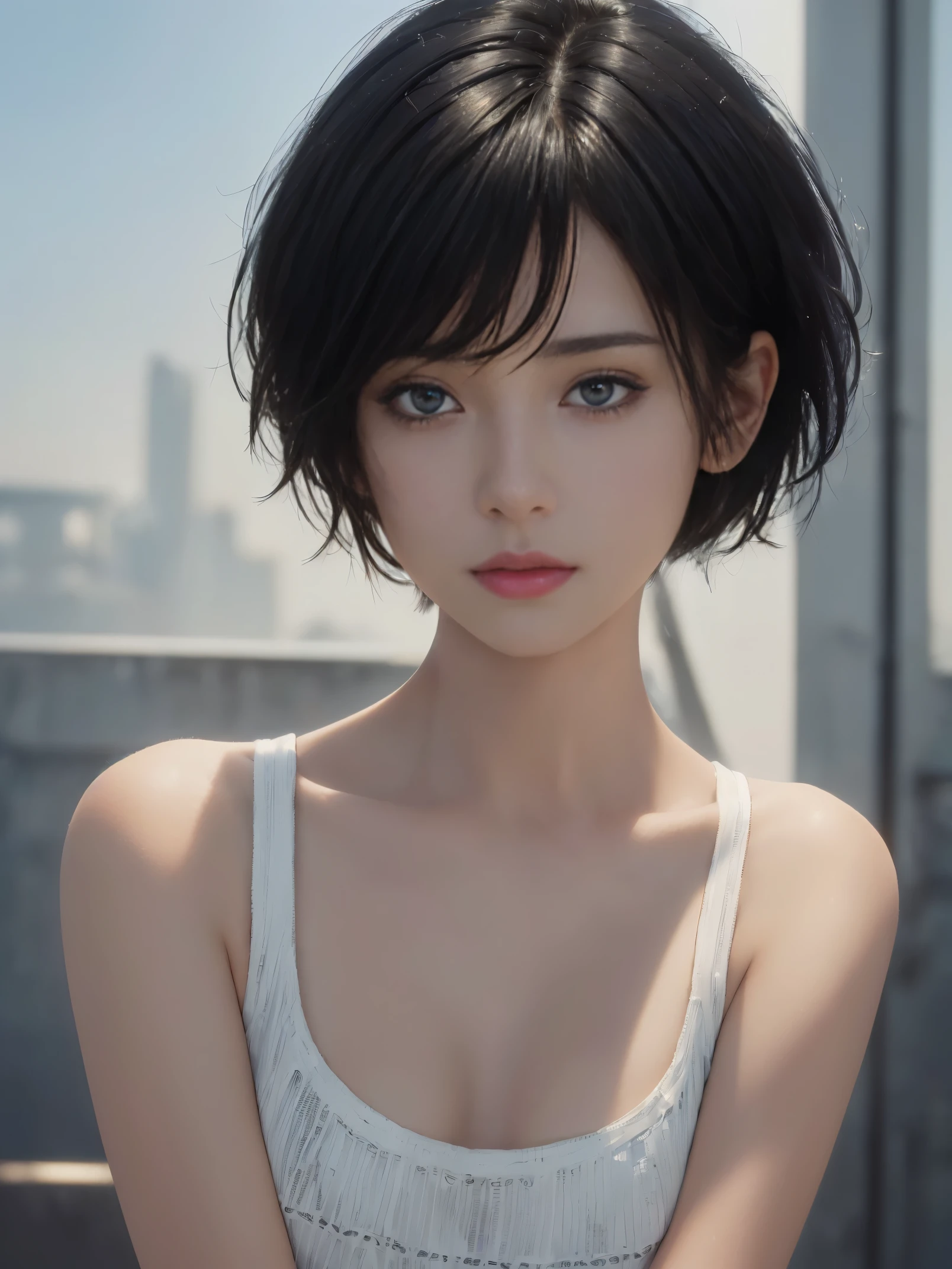 (Masseter muscle area)， Realistically， Photorealist， A Japanese beauty，  Beautiful Face、A vivid face、Short black hair、Beautiful Hair、Lips parted， Realistic Skin、Beautiful skins、Charm、Cute white organza blouse、 Upper body，Detailed，Dark Background，Backlight、