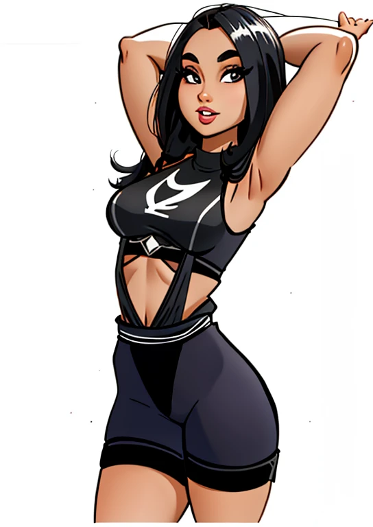 desenho de uma mulher com uma blusa preta e shorts pretos, Pose(Arms up + feliz), with Arms up, character is in her natural Pose, mulher morena fada alongamento, t Pose, Menina apta, avatar da parte superior do corpo, mulher em forma, hands behind her body Pose!, frontal Pose, standing athletic Pose, arms raised, cel sombreado vetor, triumphant Pose, arms outstretched