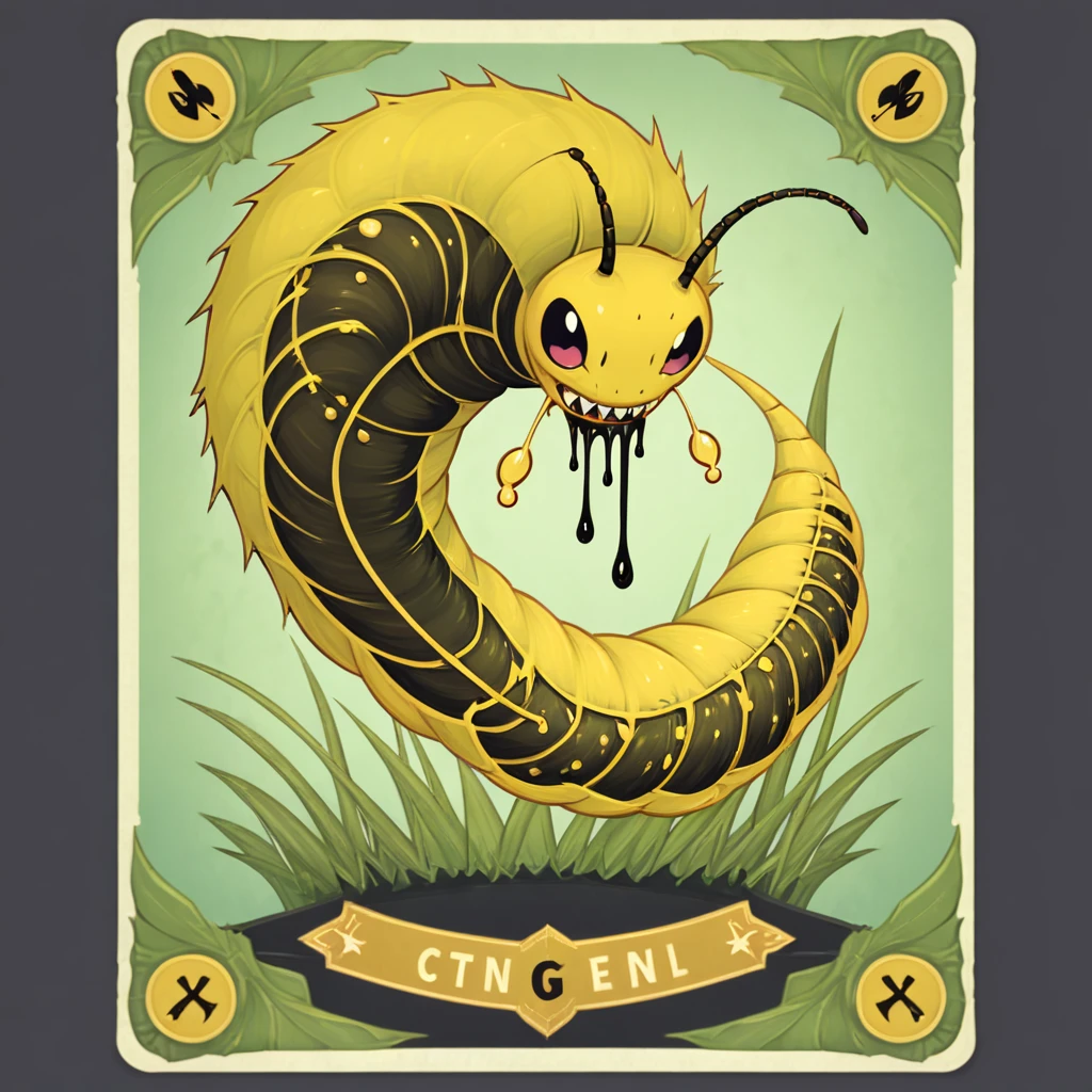 yellow caterpillar with a stinger on its tail dripping with venom and a poison sting, in card art style
