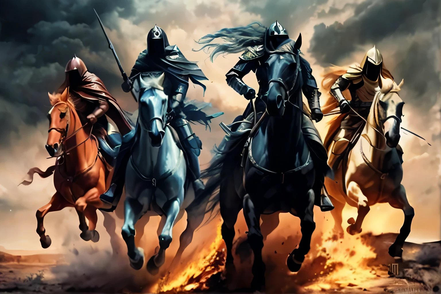 four horsemen of different breeds galloping through a desert landscape, quatro Cavaleiros do Apocalipse, Cavaleiros do Apocalipse, Apparitions walking in the sky, heavy cavalaria, cavalaria, cavalaria charge, Arte deslumbrante, arte linda, dramatic art, O Terceiro Cavaleiro, high definition art, Efeitos visuais impressionantes, Cavalo Guerreiro, epic fantasy art style hd, Arte 4K