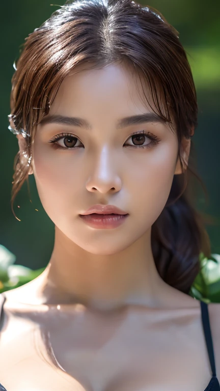 medium close-up, cleavage, Jōri, Joe Yuri, lily, ((highest quality, 8K, masterpiece :1.3)), 1 girl, Pretty woman highlighting her slender abs :1.3, (dark brown hair, ponytail, huge breasts :1.2), wet body:1.2, pool, super detailed face, fine eyes, double eyelid