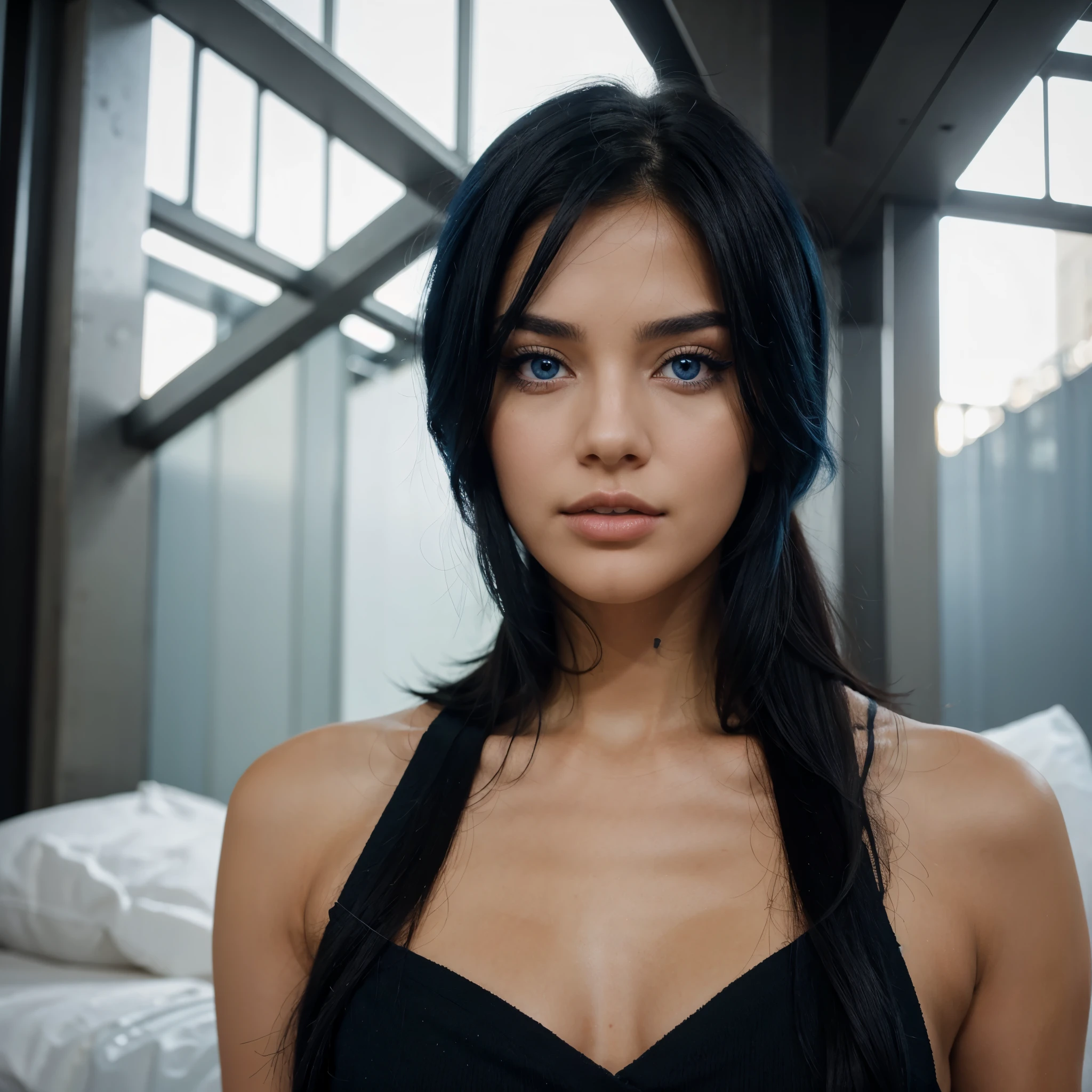 an influencer with blue eyes and black hair but of rare beauty