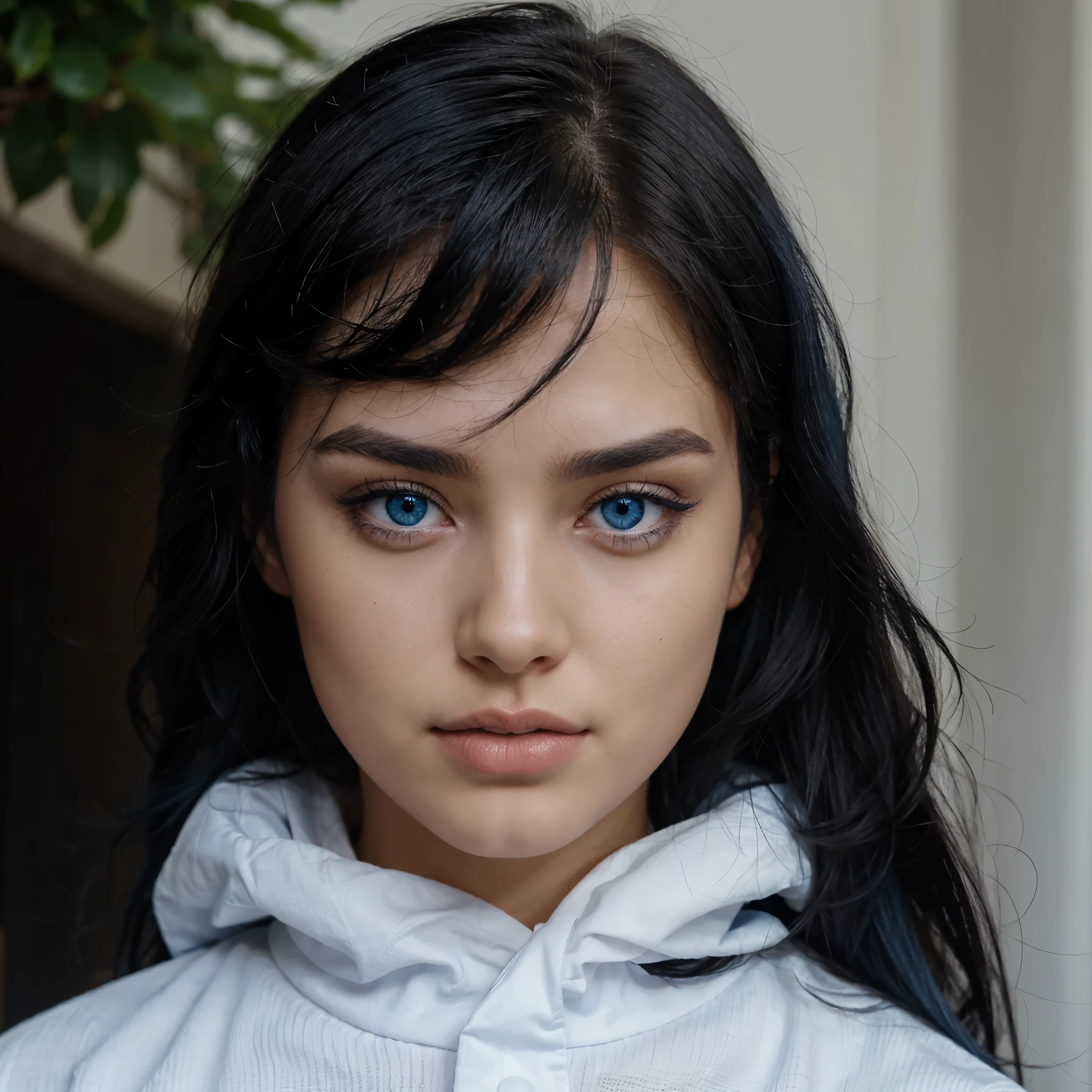an influencer with blue eyes and black hair but of rare beauty