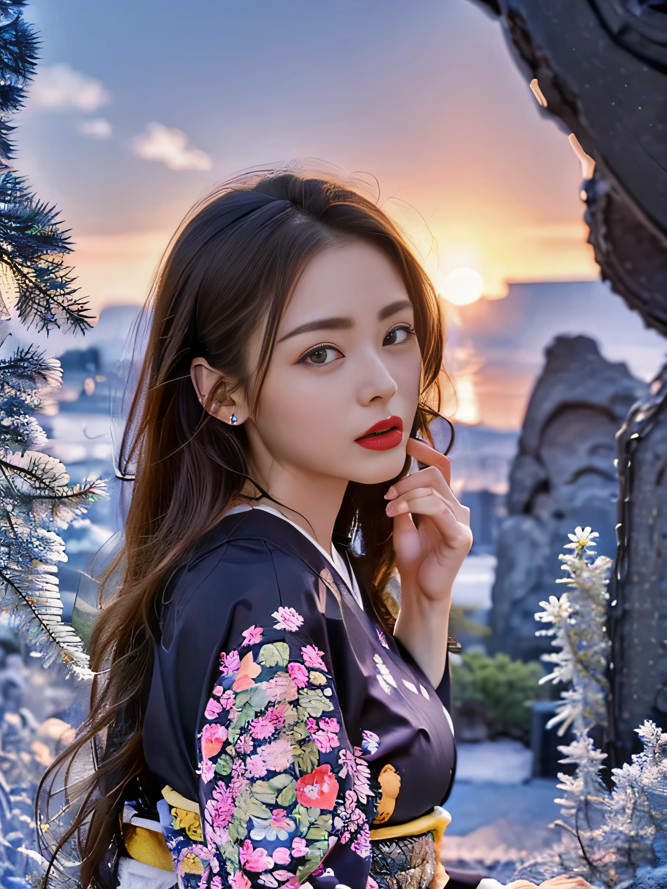 1 female、(super beautiful)、(Beautiful and sad face:1.5)、(detailed face:1.4)、Early 30s、(red pattern on black kimono:1.3)、(Wearing heavy makeup)、(red lips:1.3)、brown hair、(Just after sunset:1.2)、(The sky changes from sunset to night:1.3)、(Backlight)、If someone takes you、I want to kill you、Joren Falls、I want to see you even if I pass through the dazzling flames、Mountain. Gancheng、unforgivable love