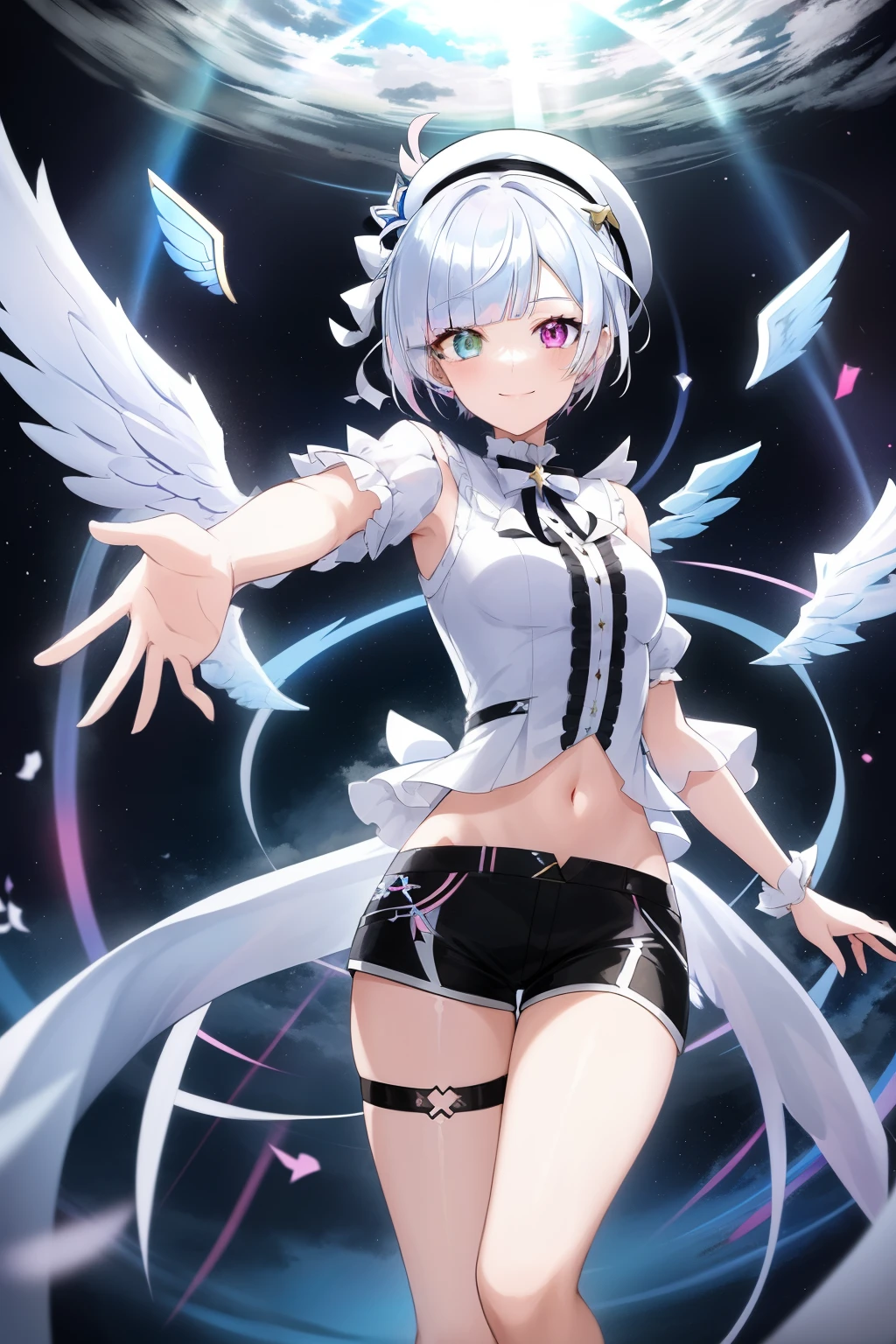 2d, masterpiece, best quality, anime, 1girl, solo, dynamic pose, cowboy shot, (amemiya nazuna), angel, mini wings, single wing, white hair, heterochromia, blue eyes, pink eyes, frills, white shirt, navel, black shorts, short shorts, thigh strap, halo, smile, white beret, heaven, clouds