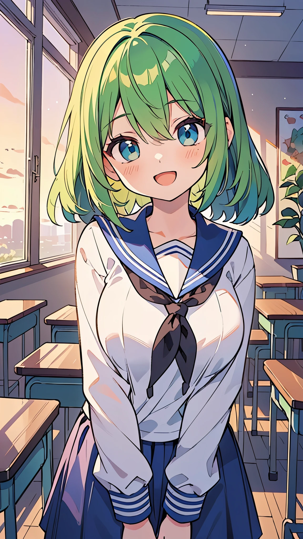 ((Pretty High School girl with green hair and blue eyes)), ((wearing Sailor suit)), face, ((master piece, top-quality, ultra-definition, high resolution)), anime girl, ((ultra-detailed illust:1.2)), only one person, bangs, hair between eye, beautiful hair, Beautiful eyes, Medium breasts, Big smile, opened mouth, in the classroom, at dusk, sunset