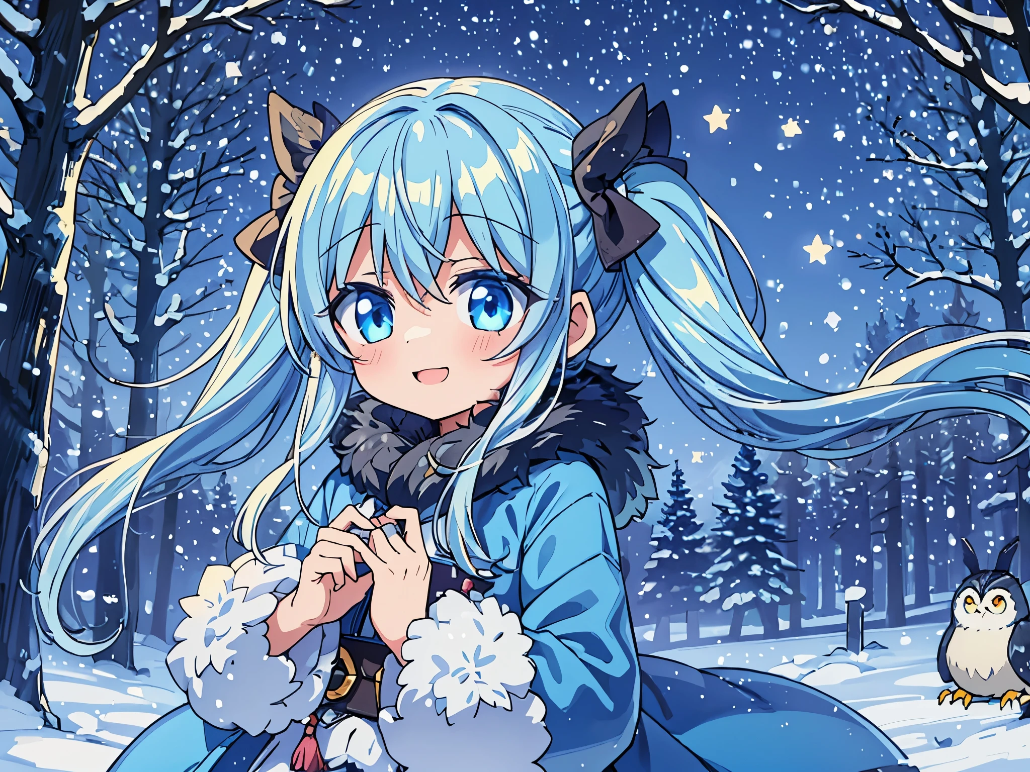 It's snowing((Some photos)).In the cold winter forest with wind blowing It's snowing Beautiful girl with long light blue hair twin tails adorable smile warm yellow down coat A big big owl watches over the girl beautiful moonlit night The stars twinkle