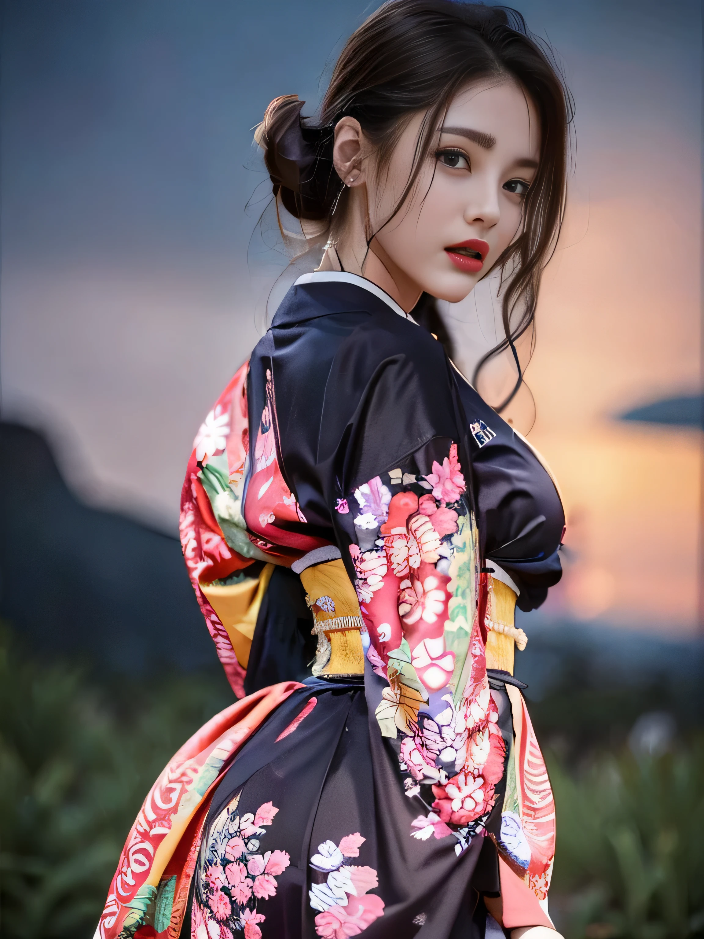 1 female、(super beautiful)、(Beautiful and sad face:1.5)、(detailed face:1.4)、Early 30s、(red pattern on black kimono:1.3)、(Wearing heavy makeup)、(red lips:1.3)、brown hair、(Just after sunset:1.2)、(The sky changes from sunset to night:1.3)、(Backlight)、If someone takes you、I want to kill you、Joren Falls、I want to see you even if I pass through the dazzling flames、Mountain. Gancheng、unforgivable love