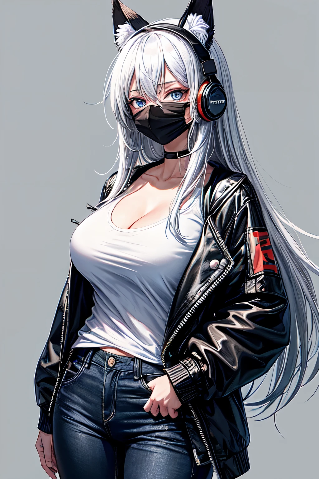 an anime girl is wearing a mask with black on her face wearing jeans and is standing on two black legs, 1girl, headphones, solo, animal ears, breasts, blue eyes, mask, jacket, looking at viewer, large breasts, long hair, open clothes, mouth mask, open jacket, shirt, pants, white hair, white shirt, cowboy shot((large breasts))