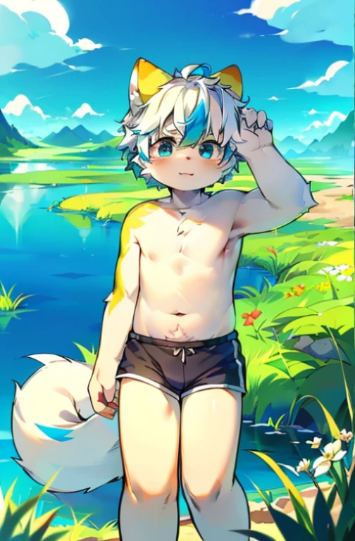 (bright environment:0.8),masterpiece,high quality,abstract research,number\(a work of art\), by dagashi, Yes,Kiyoyama,(Hana charcoalo,fluffy fur,Character focus:1.1),Human male Dag,short hair,portrait , Eyes are bright, panoramic, Character focus.(Flower sea background:0.7), solo, hairy, hairy male,14 years old,male focus, stand up,Light blue shorts,shirtless,Yellow shorts,Handsome,facing the camera,parallel screen,Hana charcoal,(全身hairy的, hairy的尾巴, Pure white fur,blue eyes, pure white hair,The ears are pointed:1.2), (white canines:1.2),(external、clear sky、morning、grassland:1.1)