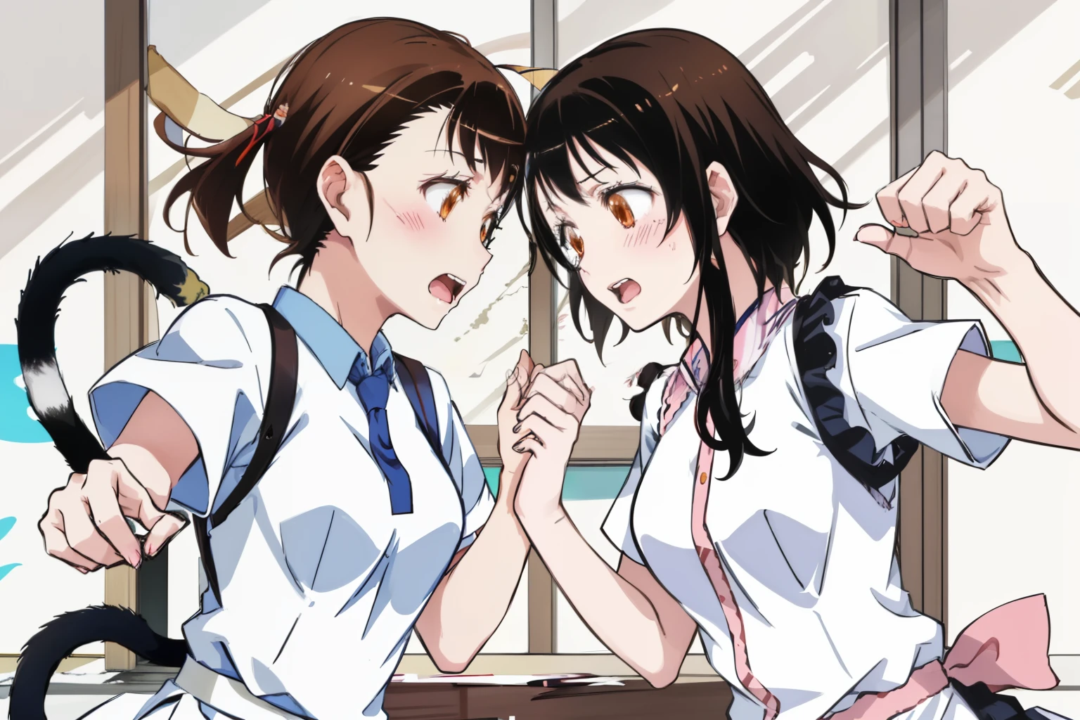 Kisaki Onodera, conquer, 2 girls only,(((her clone))),NSFW,sexual conflict,Fight,((((cat fight)))),((anger)),(look at each other),clone,