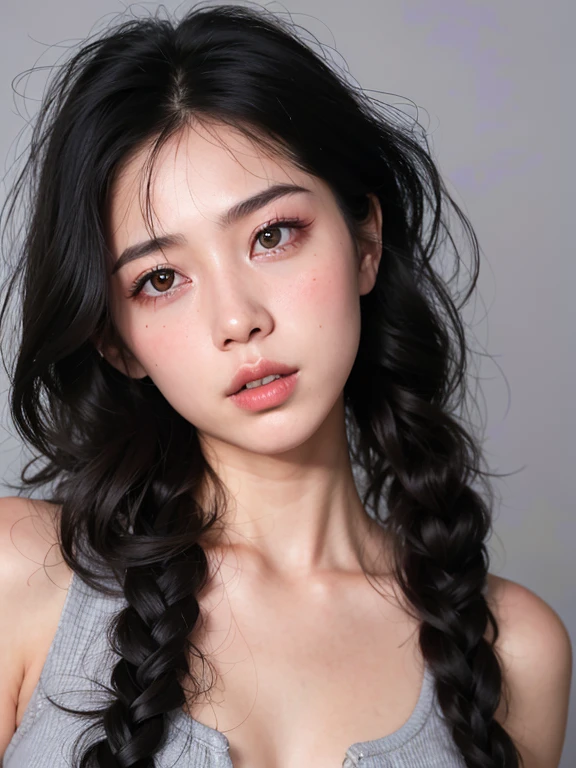 hay una mujer con cabello largo y una camiseta gris, kawaii Realista portrait, Retrato suave 8 K, detailed face of an asian girl, Southeast Asian with round face, obra de arte al estilo de guweiz, Realista. cheng yi, hasta el modelo | germen de arte, hermoso rostro estetico, peinado de coletas, pelo negro y ojos grandes