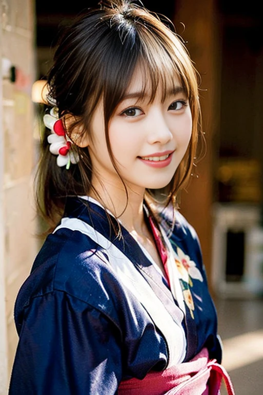 (8K、Raw photo、highest quality、masterpiece:1.2)、(realistic、Photoreal:1.37)、super detailed、Super high resolution、1 girl、see the beholder、beautiful and detailed face、laughter、narrow、(slim waist) :1.3)、Beautiful and smooth skin、skin texture、floating hair、professional lighting、human body as a whole、blonde、Japanese Yukata、floral pattern yukata、autumn leaves模様の浴衣、autumn&#39;s、autumn leaves、red ribbon、bob hair、smile、No makeup、Odango hairstyle