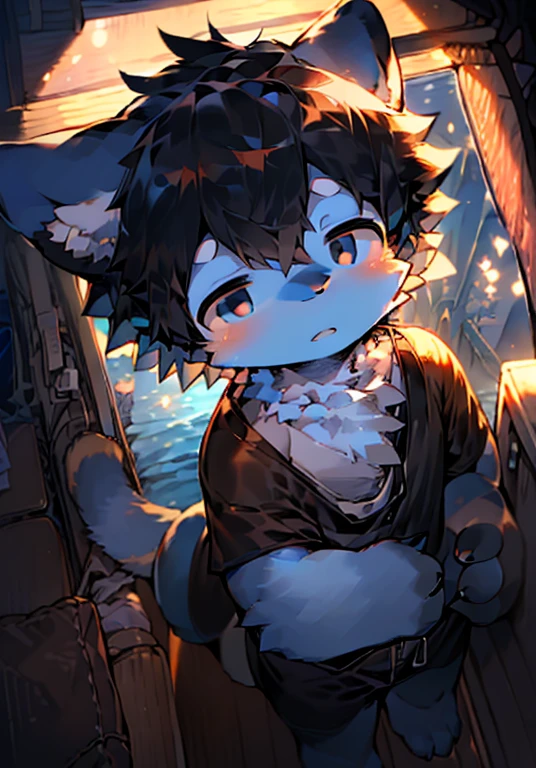 (Bright environment:0.8),巨作,High quality,abstract res,Digital painting\(artworks\), by Dagasi, Yupa,Kiyosan,(anthro,Fluffy fur,Character focus:1.1),anthro male cat,Short hair,Portrait , Bright eye, the panorama, Character focus.(detailedbackground:0.7), 独奏, shaggy, Hairy male, Male focus, anthr,(Full Body Furry, Fluffy tail, White fur,Blue fur, Blue eyes, Gray hair,Yellow hair,Braids:1.2), (long canines、swimming trunks、The upper body is naked、Shy:1.2),(Externally、noon、beachside,sandbeach:1.1)