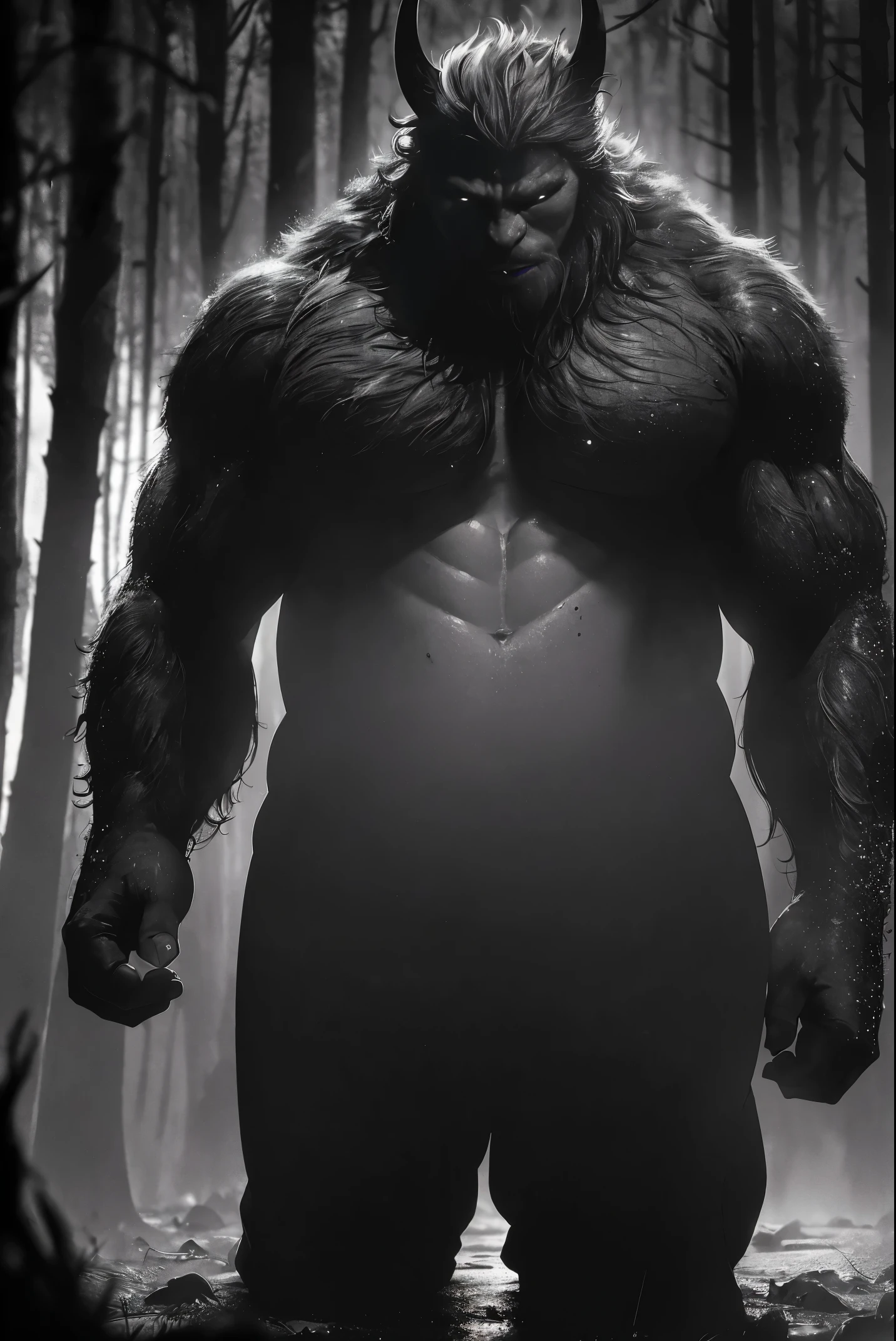 Shirtless hairy muscular werewolf man, smirk, handsome, realistic, realistic lighting, volumetric lighting, moonlight, creepy dark forest, ominous trees, jackolanterns