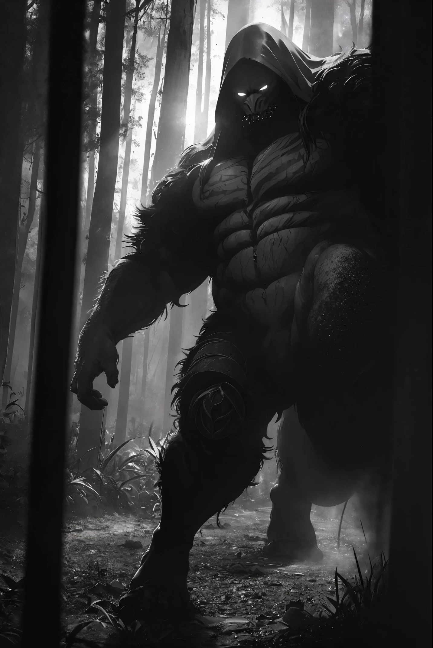 "(Best quality, 4k, ultra-detailed, realistic, vivid colors, bokeh), (monstrous creature, dark atmosphere), abominable being, deep darkness, interplay of lights and shadows, particles"