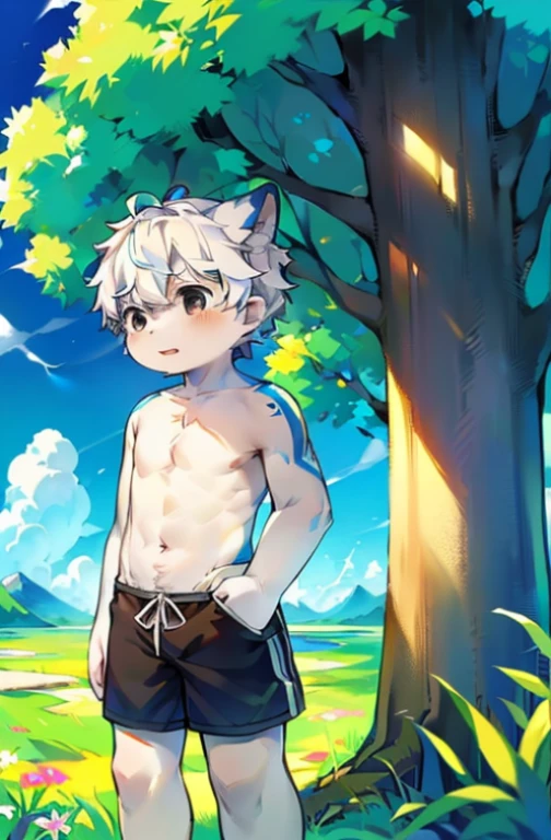 (Bright environment:0.8),masterpiece,high quality,Abstract Research,number\(A work of art\), Through Dagashi, Yes,Seizan,(Flower Charcoalo,Fluffy fur,character focus:1.1),Humanity Day,short hair,portrait , Bright eyes, panoramic, character focus.(Flower sea background:0.7), Solitary, hairy, hairy male,,Male focus, stand up,Light Blue,Shirtless,White diapers,Handsome,Facing the camera,Parallel screen,Flower Charcoal,(全身hairy的, hairy的大尾巴, Pure white fur,black eyes, Pure white hair with a hint of blue,Pointy ears:1.2), (White canines:1.2),(External、Clear skies、morning、grassland:1.1)