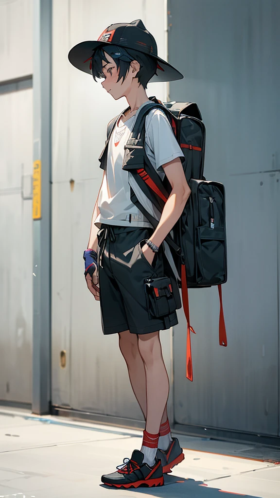 arafed image of a man walking with a backpack and a hat, baggy clothing and hat, wearing a tank top and shorts, japanese streetwear, by Russell Dongjun Lu, kim doyoung, casual streetwear, trending on r/techwearclothing, model is wearing techtical vest, casual modern clothing, casual clothing style, young man with short