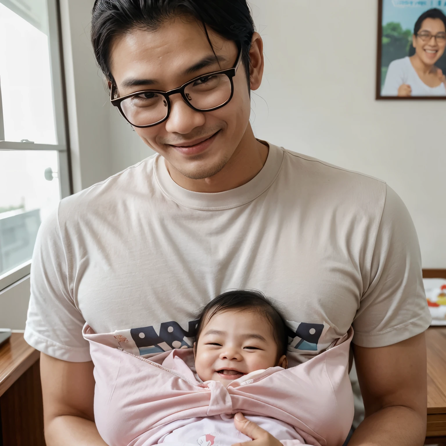 A frontal photo of Thai actor Boss Chaikamon Sermsongwittaya wearing thin-framed prescription glasses, vestindo uma camisa social preta, holding a cute, smiling baby around 1 year old, vestindo um pijama de gatinho felpudo.