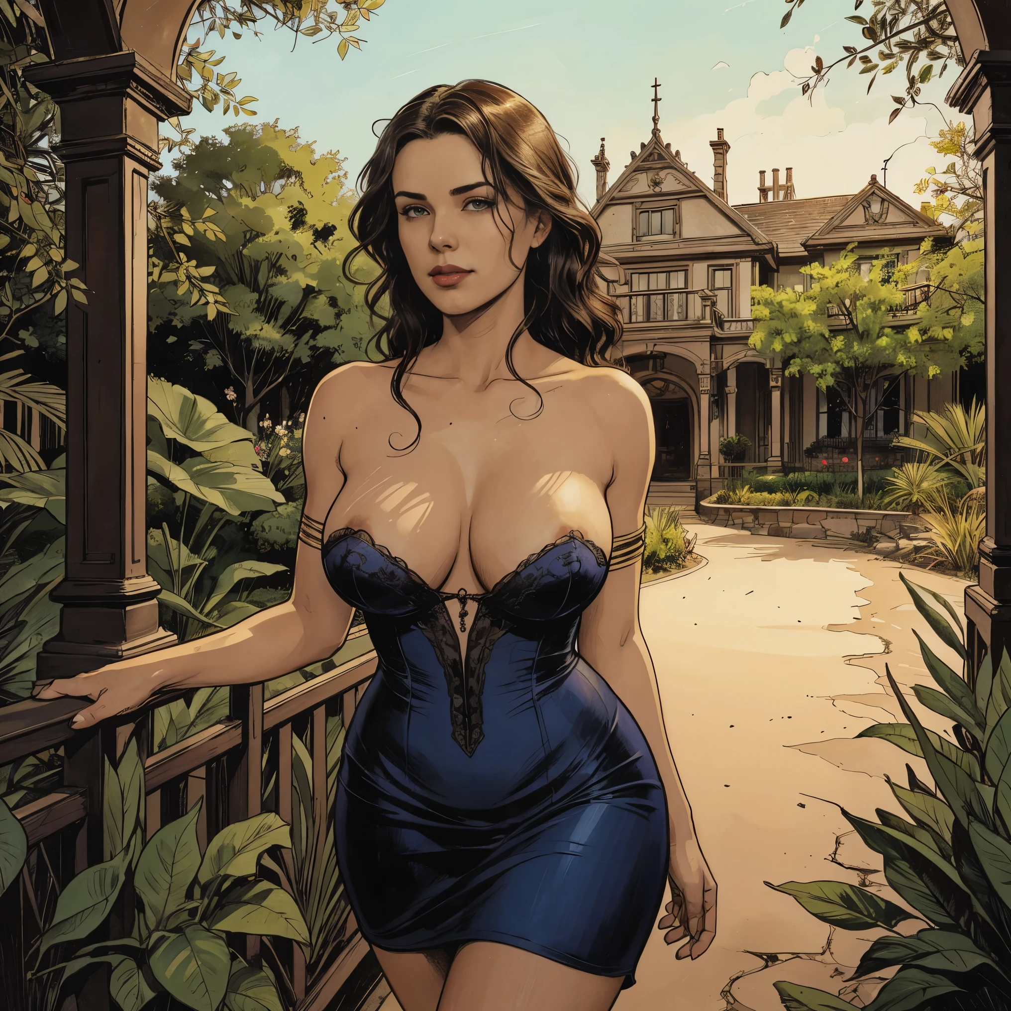 Beautiful nude woman with massive breasts. The breasts are not covered by anything. Red full lips. full body view. Stunning masterpiece delicate and curvaceous princess young woman 40 years old, usando vestido longo, Detailed British Victorian dress, pele rude, ((sunny victorian mansion garden background)), cabelo curto cacheado, mulher de cabelos escuros, cor de cabelo castanho escuro, detalhados olhos pretos, olhos escuros perfeitos em forma de felino, perfect sensual and full lips, mulher de beleza angelical e delicada corpo inteiro, mulher de corpo inteiro na imagem ((mulher de corpo inteiro)), cobrir, Tinta hiperdetalhed, Luminismo, bar lighting, complexo, 4k resolution concept art portrait by Greg Rutkowski, Artgerm, WLOP, Alphonse Mucha: uma fotografia realista impressionante.