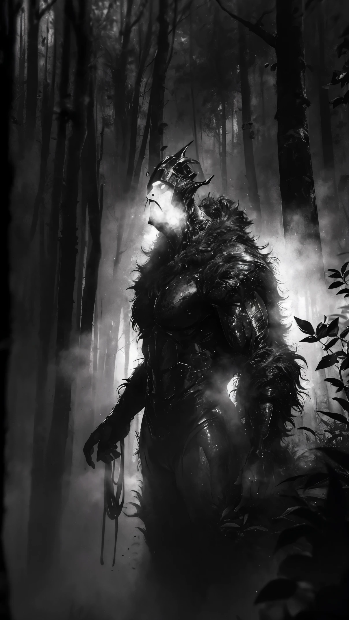 A monstrous creature lurking in the deep darkness, with its abominable presence emphasized by the (best quality, 4k, ultra-detailed, realistic, vivid colors, bokeh). The creature is enveloped in an eerie atmosphere, where the interaction of light and shadows adds to the sense of mystery and suspense. The scene is filled with floating particles, enhancing the otherworldly nature of the environment.