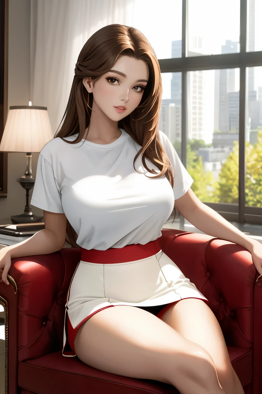 Masterpiece, top quality, 4K UHD,
hot women, sitting on chair, with dignity,
perfect body, beautiful breasts,
expressive eyes, puffy lips,
wearing red-white t-shirt, white skirt,
cross-leg style, light brown eyes,
brown hair, straight hair, thick thighs,
seductive, charming --auto --s2

This image showcases a masterpiece of top quality, captured in stunning 4K UHD resolution. The scene focuses on a hot women sitting confidently on a chair with an aura of sophistication and allure. Her perfect body, adorned with beautiful breasts, commands attention. Her expressive