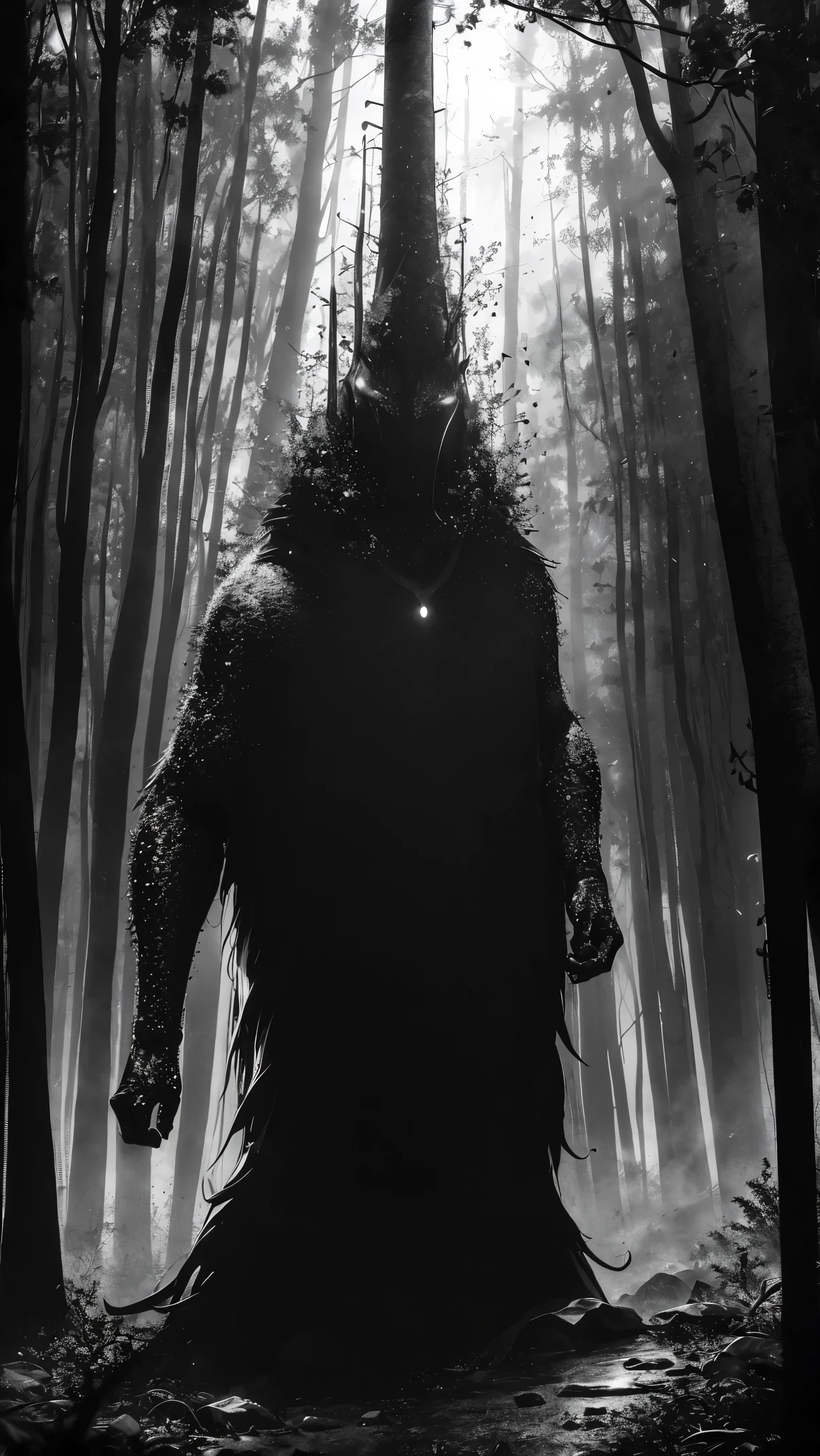 A monstrous creature lurking in the deep darkness, with its abominable presence emphasized by the (best quality, 4k, ultra-detailed, realistic, vivid colors, bokeh). The creature is enveloped in an eerie atmosphere, where the interaction of light and shadows adds to the sense of mystery and suspense. The scene is filled with floating particles, enhancing the otherworldly nature of the environment.