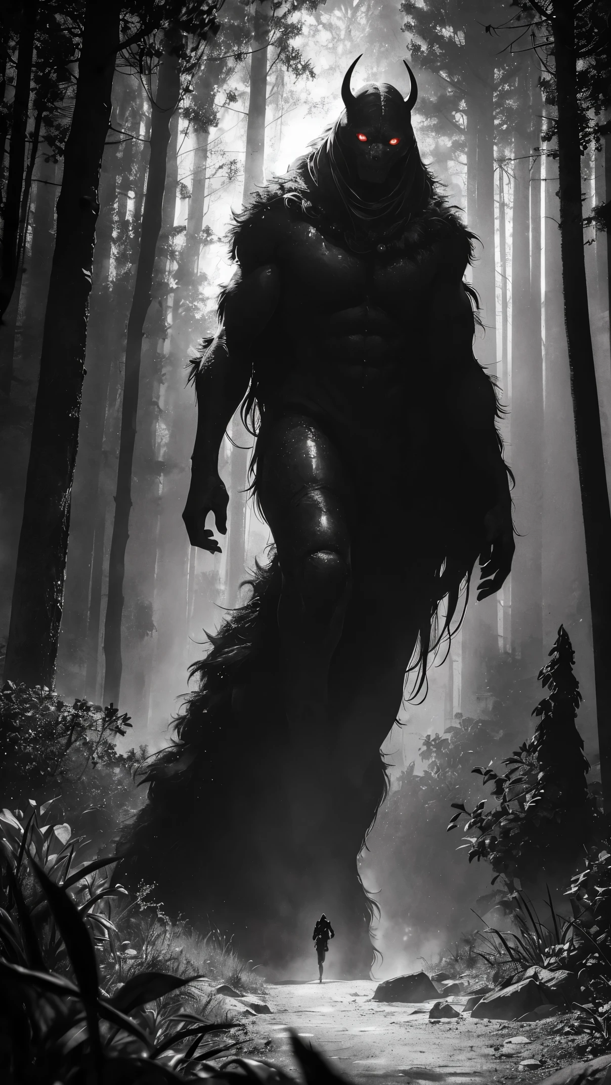 A monstrous creature lurking in the deep darkness, with its abominable presence emphasized by the (best quality, 4k, ultra-detailed, realistic, vivid colors, bokeh). The creature is enveloped in an eerie atmosphere, where the interaction of light and shadows adds to the sense of mystery and suspense. The scene is filled with floating particles, enhancing the otherworldly nature of the environment.