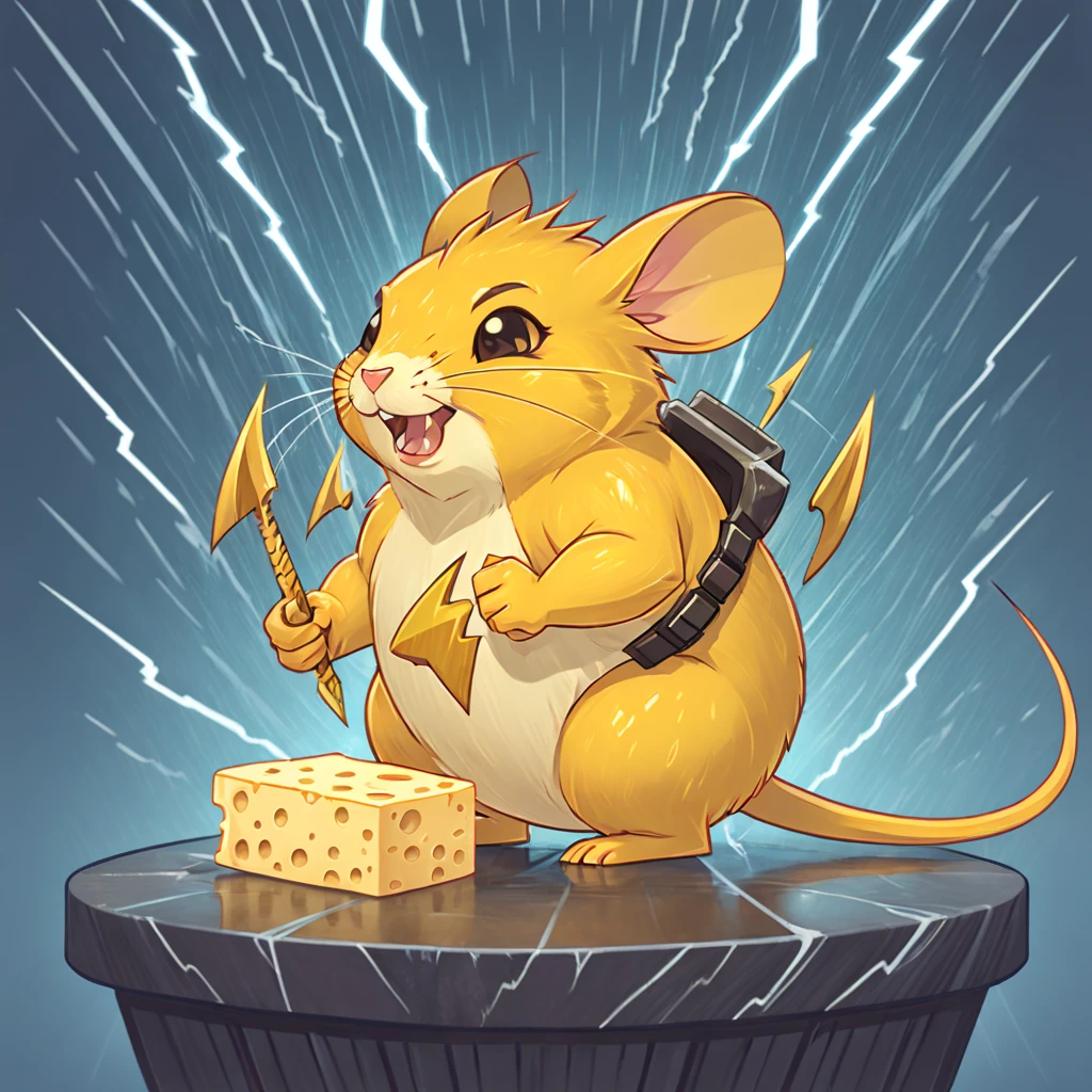 Bright yellow chunky rodent with a lightning tail and lightning cheeks gnawing on cheese and thunderbolts rain down around it, in card art style
