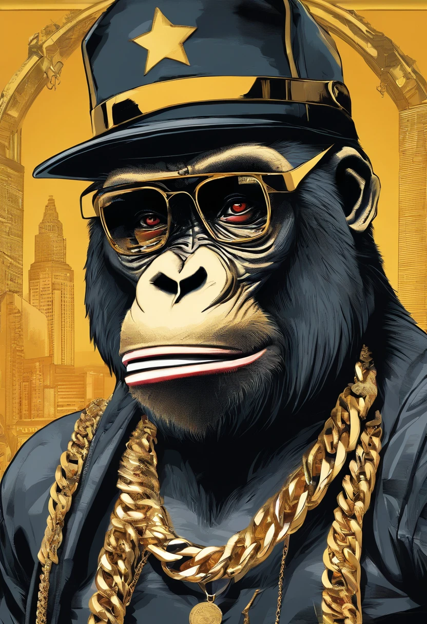 (((Gorilla monkey wearing clothes and accessories like a rap star or bboy, ele usa fones de ouvido, gold chain locket, rings of gold, famous designer cap, Sport glasses))),  furioso valente latindo feroz babando , (((cartazes, planfetos, adesivos, propaganda, capa de revista.)))