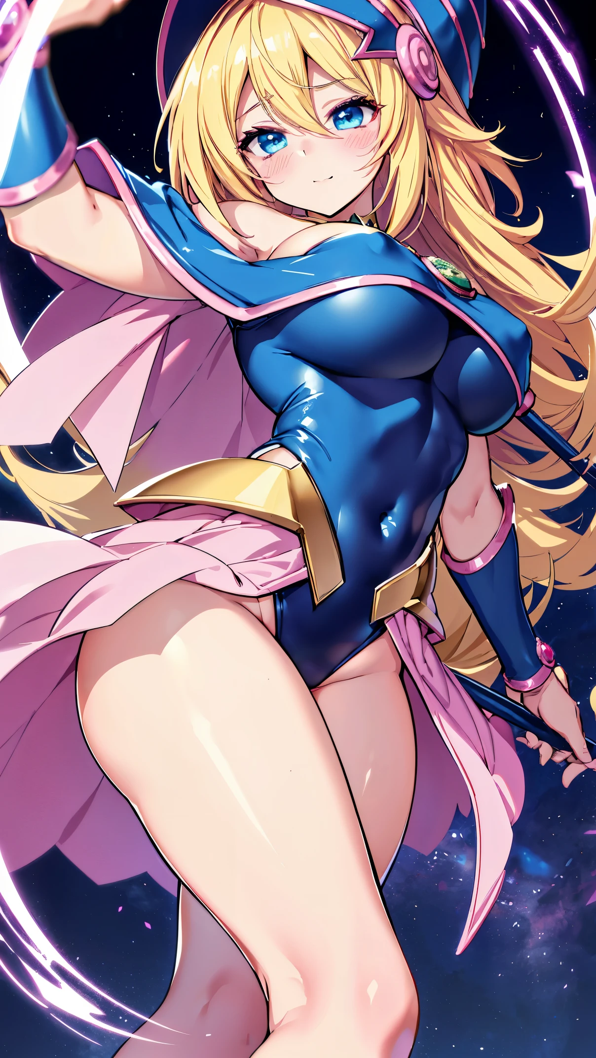 Black Magician Girl、super breasts、thick thighs、blonde hair、magic circle、8K, 4k, highest quality, High resolution: 1.2),winking、One breast exposed、cute anime face、Pink blush on cheeks、noise removal、Leotard that bites into、have a cane、Hold your cane、Rear view、Turning around