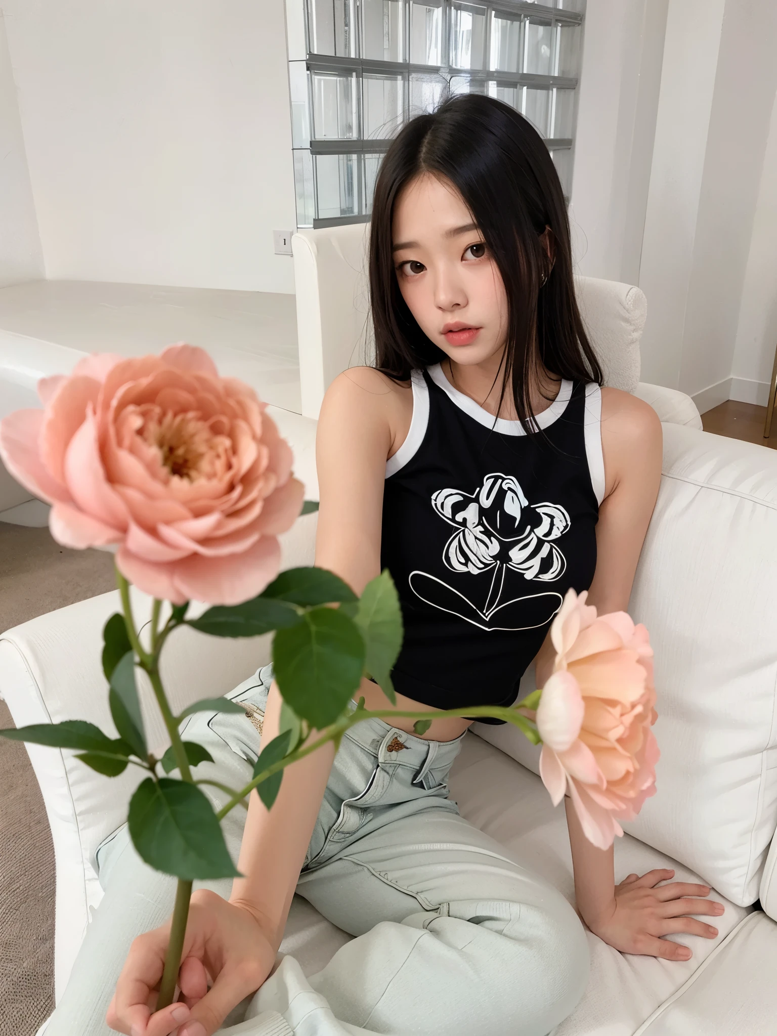 There is a woman sitting on a sofa holding a rose, jennie rosa negro, jisoo de blackpink, Jisoo de Blackpink, parque roseanne de blackpink, jossi de blackpink, Jinyoung Shin, con flores, sha xi, vistiendo una camiseta sin mangas corta negra, ella lleva una camiseta sin mangas negra, jia, heonhwa choe, Chaleco de mariposa de flores, vistiendo una camiseta negra corta