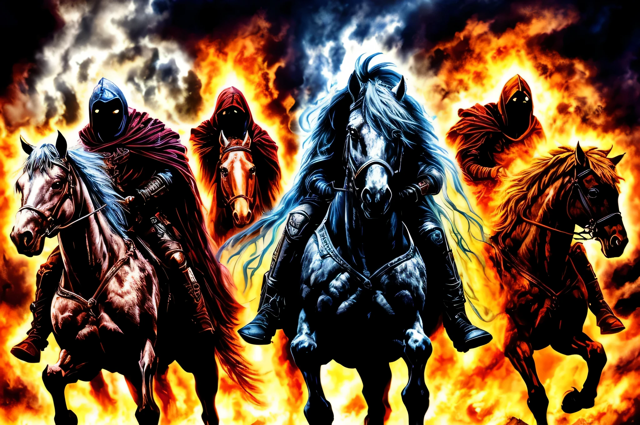 three Horsemen of the Apocalypse riding through a sky full of fire, quatro Cavaleiros do Apocalipse, Cavaleiros do Apocalipse, Apparitions walking in the sky, todo o rosto coberto por fogo, fundo do fogo do inferno, O Terceiro Cavaleiro, papel de parede hd, epic fantasy digital art style, fantasy epic digital art, epic fantasy art style hd, apocalyptic fantasy