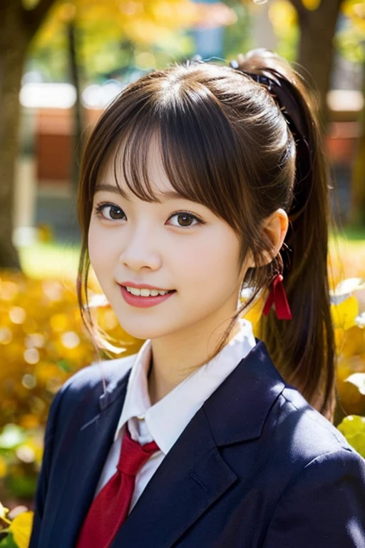(8K、Raw photo、highest quality、masterpiece:1.2)、(realistic、Photoreal:1.37)、super detailed、Super high resolution、1 girl、see the beholder、beautiful and detailed face、laughter、narrow、(slim waist) :1.3)、Beautiful and smooth skin、skin texture、floating hair、professional lighting、human body as a whole、blonde、Japanese high school uniform、high school girl、school route、autumn's、autumn leaves、red ribbon、bob hair、smile、No makeup、ponytail hairstyle、up hairstyle