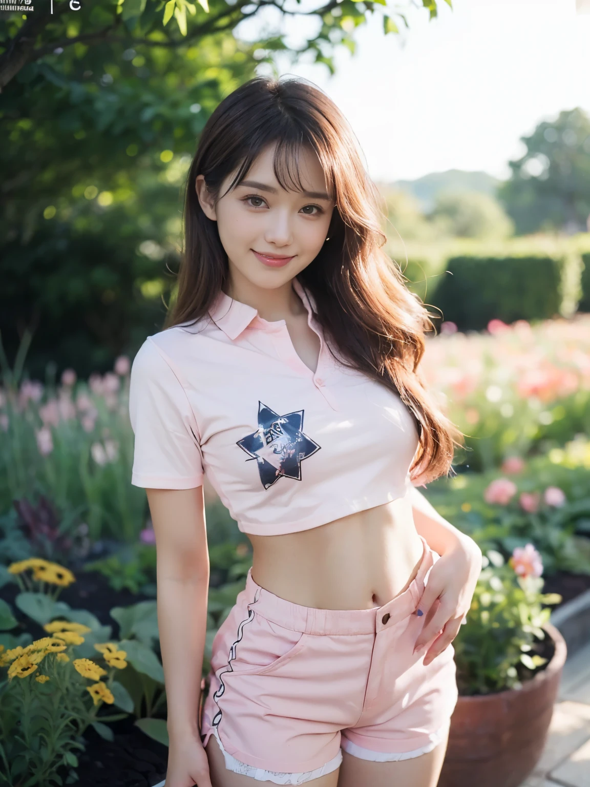 NSFW、Whiteware、pink miniskirt、Golf Wear、White panties、pose sensual、Squatting panty shots、Do not hide the lower body、(8K、top-quality、masterpiece:1.3)、Brown Medium Layer Cut Hair、The best smile、Professional Writing、Photography Studio、white backgrounid、(Balloons are flying:1.4)、