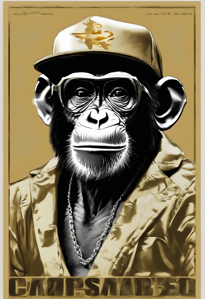 (((Chimpanzee monkey wearing clothes and accessories like a rap star or bboy, ele usa fones de ouvido, gold chain locket, rings of gold, famous designer cap, Sport glasses))),  furioso valente latindo feroz babando , (((cartazes, planfetos, adesivos, propaganda, capa de revista.)))