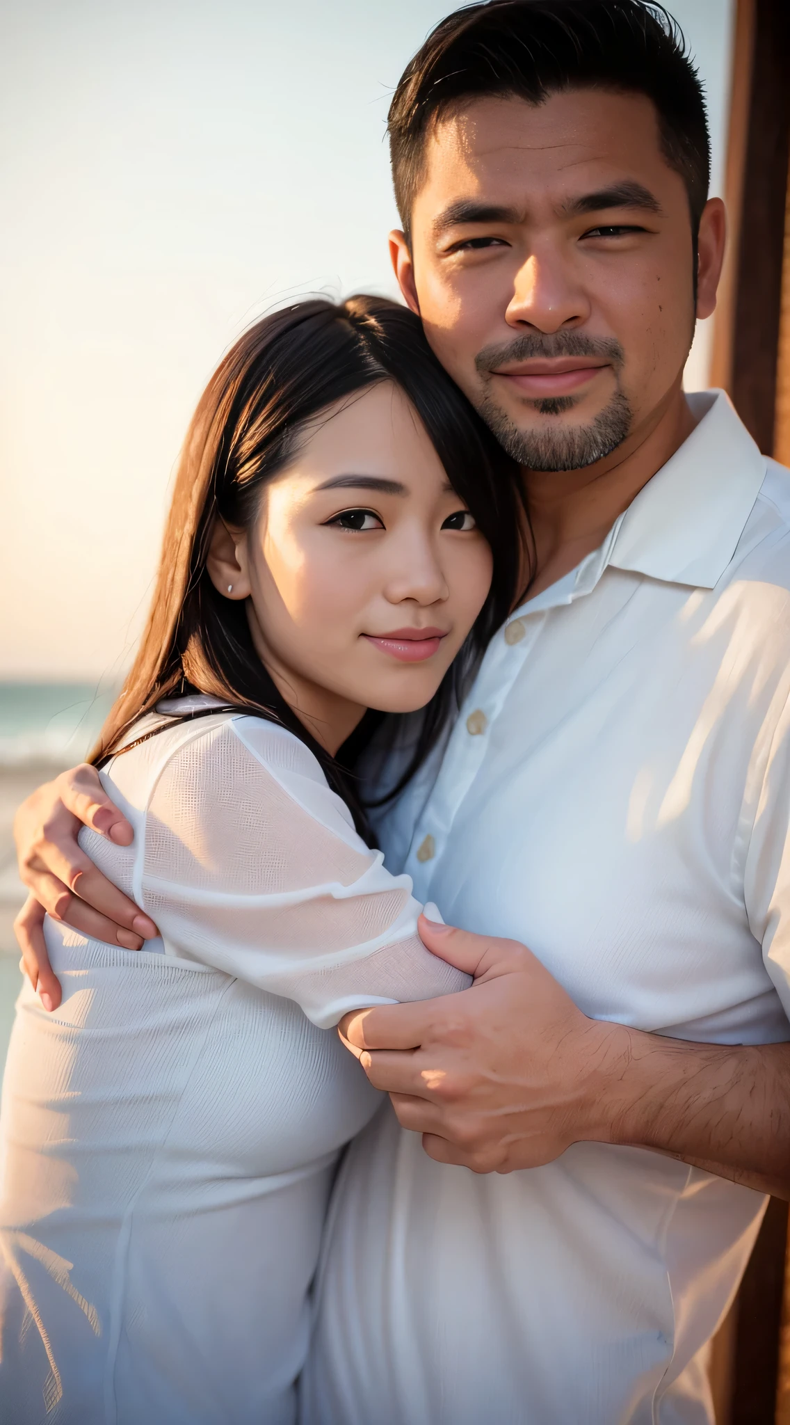 there is a man and woman hug each other on the beach, Heartwarming, father, fatherdy, leaked image, Patiphan Sotiwilaiphong, father, caring fatherly wide forehead, Both adults and children alike., dang my linh, The robe was tightly wrinkled., Beni sustainability serial, relax, hug, useful, Beautiful picture, Calm and gentle demeanor