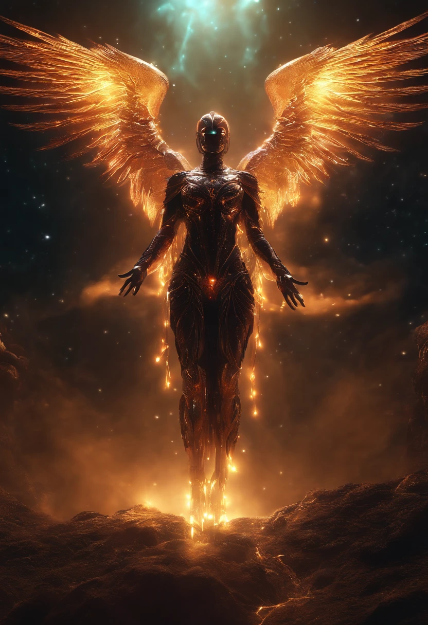 Cosmic Fallen Angel, glowing light eyes, Biomechanical, eerie, Creepy, nightmarish, Very bright colors, Light particles, with light glowing, Mshiff, wallpaper art, UHD wallpaper