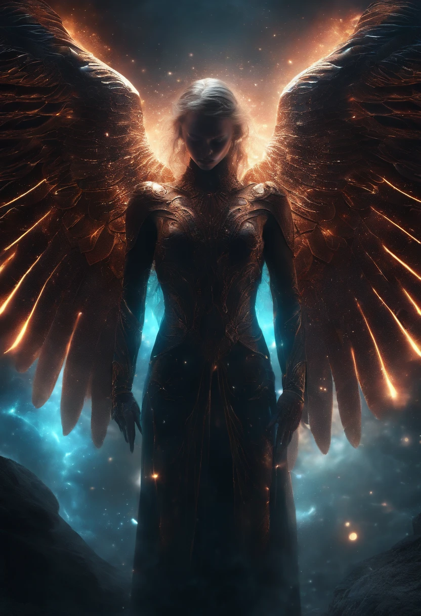 Cosmic Fallen Angel, glowing light eyes, Biomechanical, eerie, Creepy, nightmarish, Very bright colors, Light particles, with light glowing, Mshiff, wallpaper art, UHD wallpaper