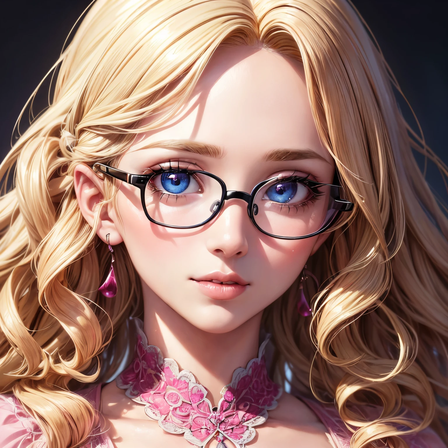 (best quality,highres,ultra-detailed:1.2),beautiful detailed eyes,beautiful detailed lips,extremely detailed eyes and face,longeyelashes,blonde and curly hair,glasses,pink shirt,vivid colors,studio lighting,portraits