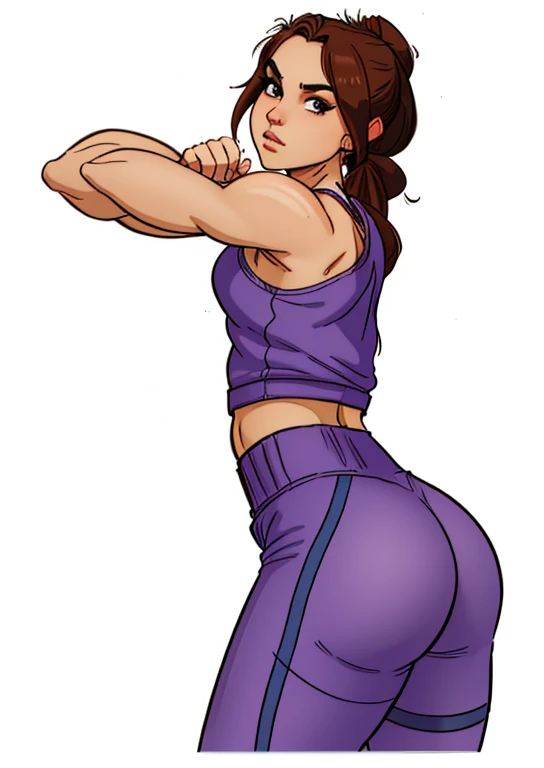 Turn the character in the following description into a human version, Keeping in mind that she's a babe, but keeping the feline characteristics: Um gato preto com cores misturadas entre cinza, Branco, e marrom claro, olhos azuis claros e roxos claros, orelhas mordidas com pontas brancas, uma parte de seu focinho para sua boca e Branco, His coat is kinda striped, castanho escuro, Her body is hairy and her nose is pink with some black parts, Make her a warrior who uses her fists and claws