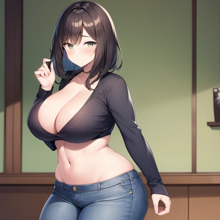 masterpiece, best quality, 1girl, solo, mature female, milf, motherly, huge breasts, narrow waist, wide hips, curvy, spiky hair, medium hair, dark hair, dark eyes, yellow shirt, long sleeves, cleavage, denim, jeans