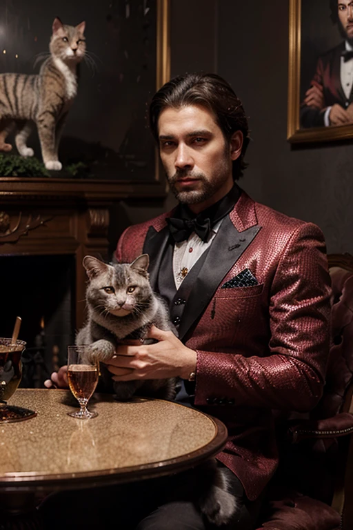 A man with trimmed dark brown hair in an expensive all red three-piece suit holding a gray cat, with a large chalice glittering with diamonds on a table, background is dark, oil painting, in the style of robert mccurdy, portrait, 8k, by ericovalle