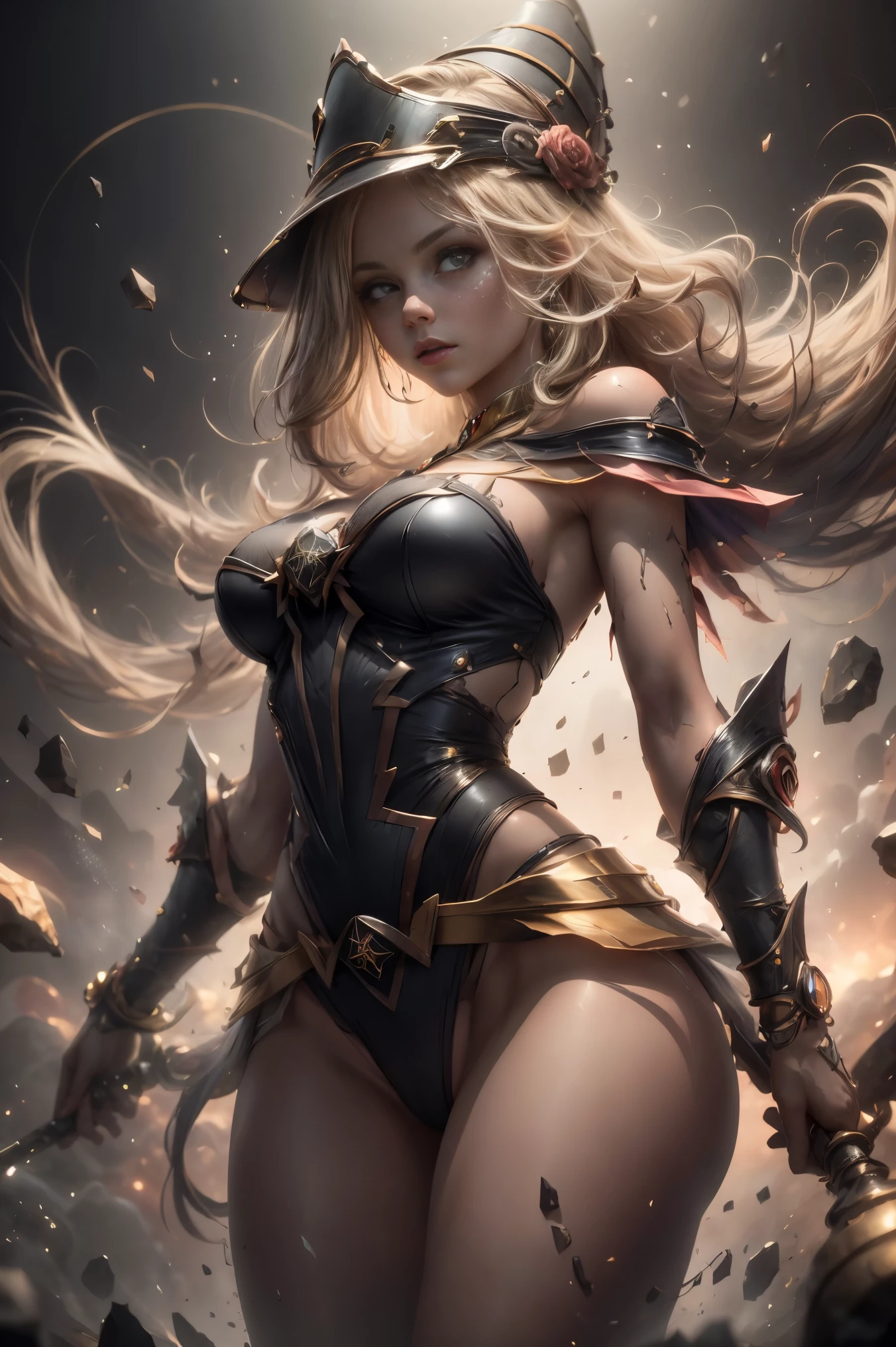 (8k,fotorrealista Raw photography highest qualityr;1.4) (1chica en) super beauty (cara realista) cuerpo femenino (Rubia de rizos largos) Hold a black and red magic wand Escena de combate Magic hat with black and gold exterior Beautiful expression Deslumbramiento (Piel de aspecto real) (Giles magos oscuros) Tentador Super high resolution Un hiperrealista Alto detalle foto de cuerpo completo restos