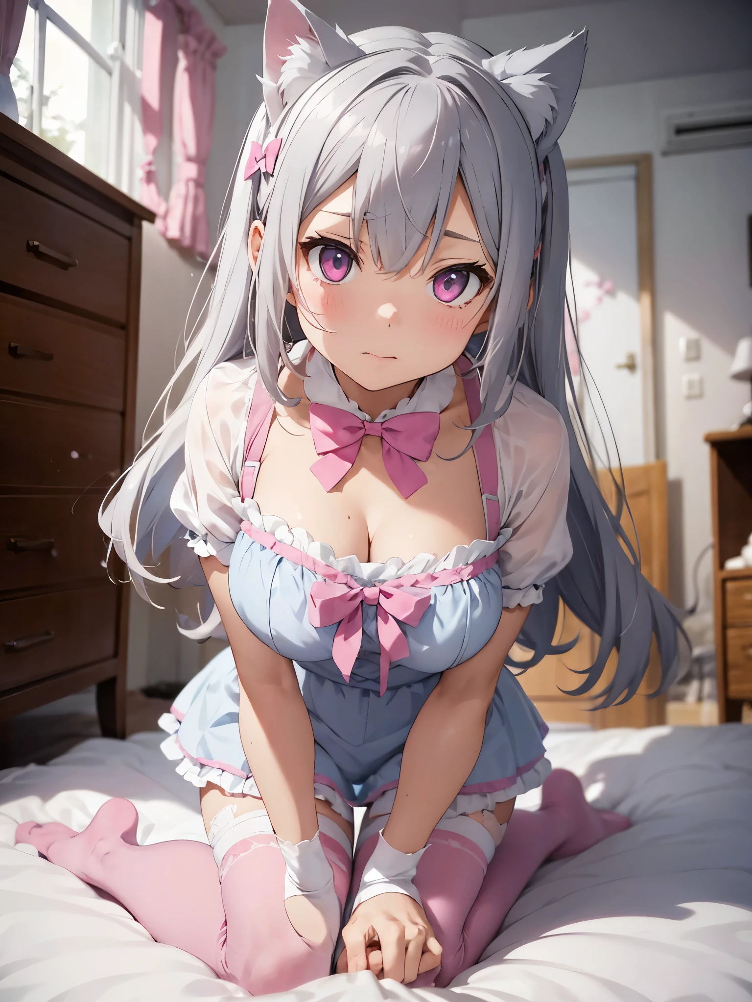 gray hair，Cat ear，pink eyes，Light blue Lolita，white tights，pink bow，in the room，kneeling on the bed