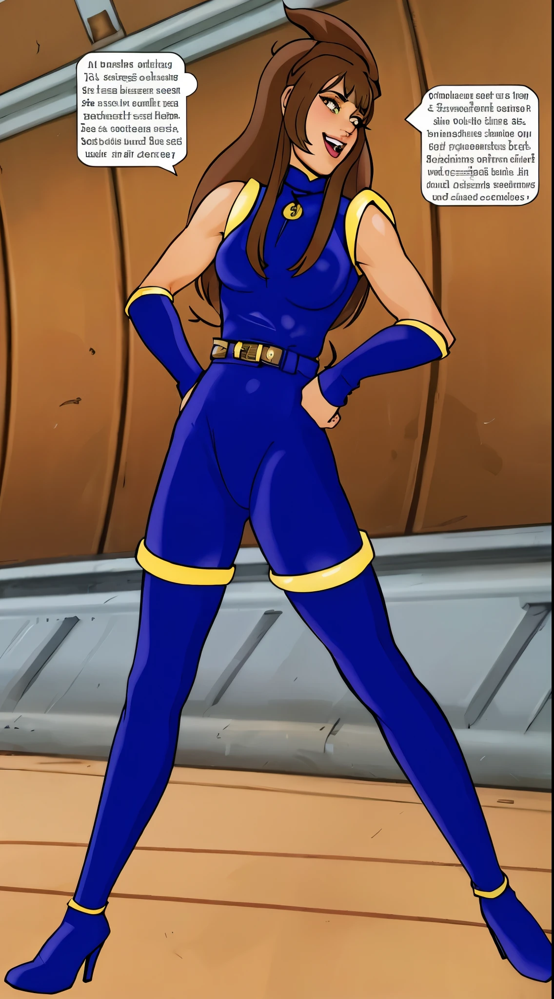 masterpiece, best quality, highres, 1girl, solo, superhero, leotard, blue and white leotard, bare legs, brown hair, short hair, brown eyes, hairband, medium hair, ribbon, boots, matching boots, blue boots, medium breasts, cowboy shot, standing, smile, city backdrop, haruhi suzumiya, kyoani haruhi style, sleeveless,