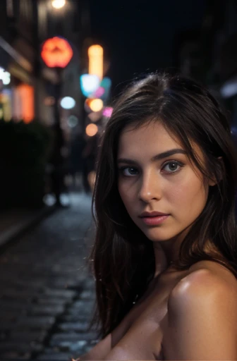 sensual woman look at central, close face, night, light