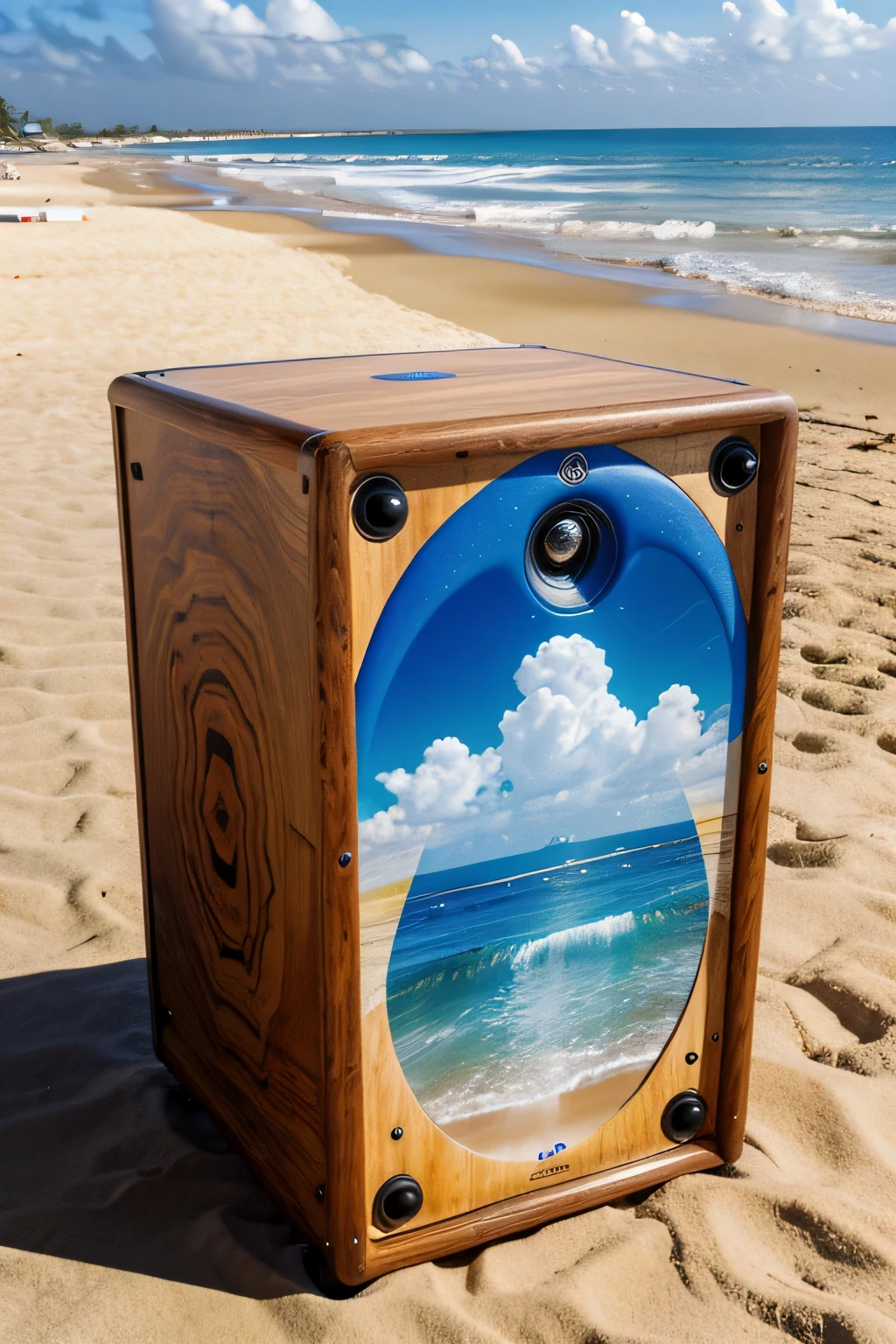 70s fractal beach with surf board and giant monolith speaker