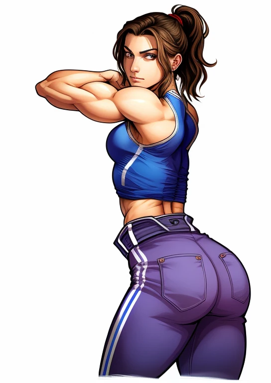 um desenho de uma mulher com uma blusa roxa e shorts azuis, waist reaching ponytail, character is in his natural pose, standing athletic pose, dramatic depressed biceps pose, pose lateral, pose de costas, arms to side, in an action pose, pose de perfil, pose serpentina gesture, pose serpentina, t pose, arms behind the back, hands behind the body pose!